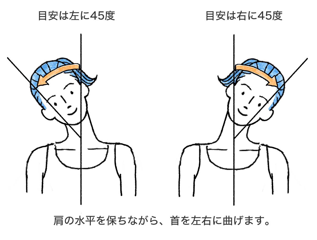 目安は左に45度、右に45度 肩の水平を保ちながら、首を左右に曲げます。