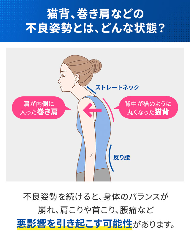 あなたはどの不良姿勢タイプ？不良姿勢を続けると、身体のバランスが崩れ、肩こりや首こり、腰痛など悪影響を引き起こす可能性があります。